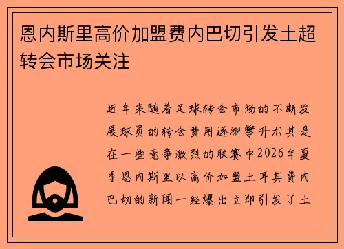 恩内斯里高价加盟费内巴切引发土超转会市场关注